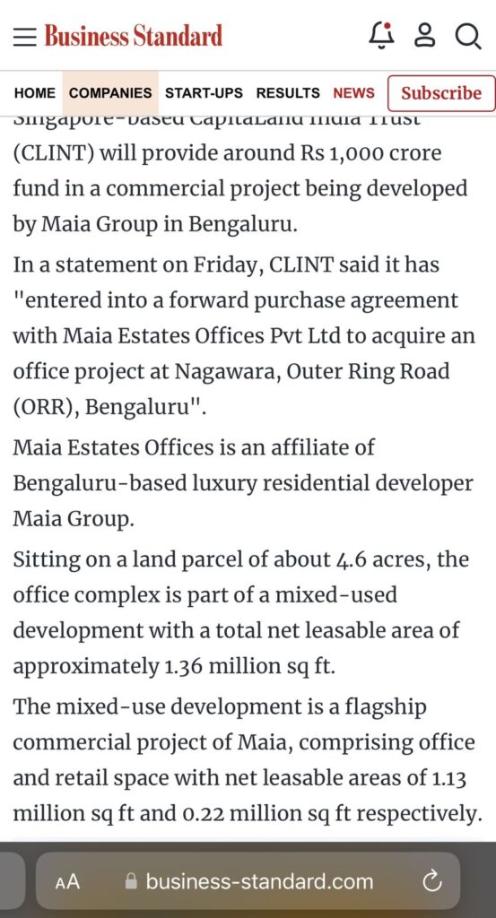 Business Standard: CapitaLand India Trust to invest Rs 1k cr in Maia Group’s Bengaluru project